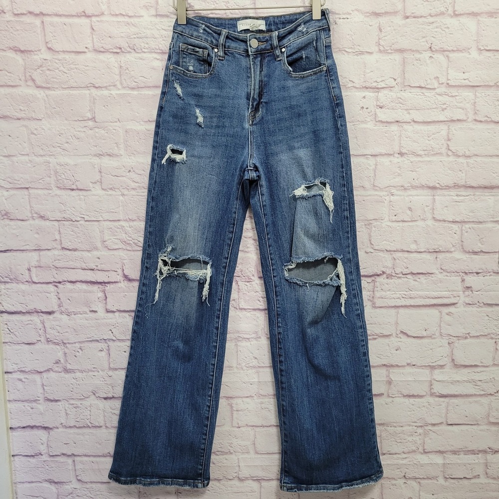 Risen High Rise Wide Leg Distressed Jeans Womens 1 Medium Wash Y2K Indie Grunge